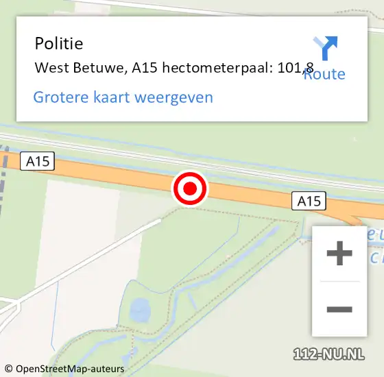 Locatie op kaart van de 112 melding: Politie West Betuwe, A15 hectometerpaal: 101,8 op 5 juli 2022 13:43