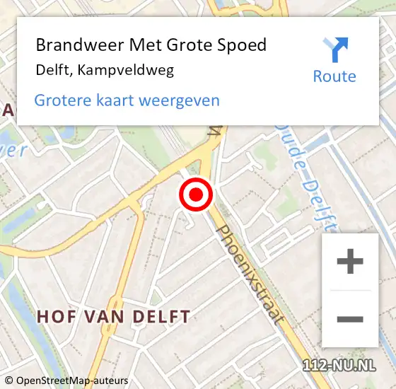 Locatie op kaart van de 112 melding: Brandweer Met Grote Spoed Naar Delft, Kampveldweg op 5 juli 2022 15:58