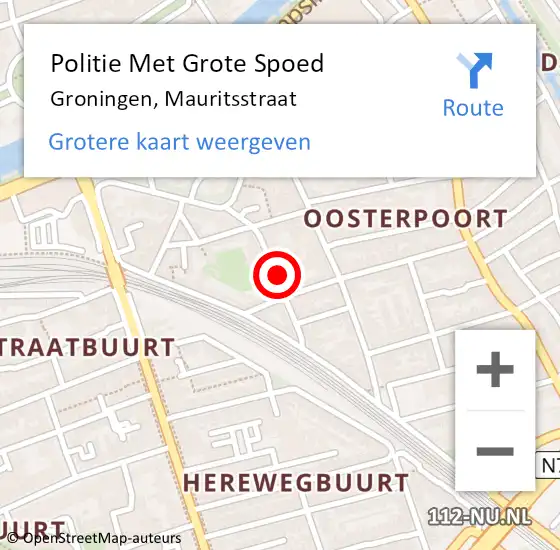 Locatie op kaart van de 112 melding: Politie Met Grote Spoed Naar Groningen, Mauritsstraat op 5 juli 2022 16:01