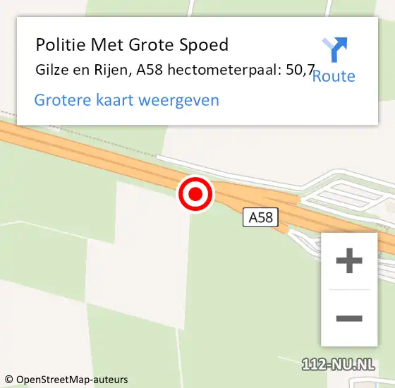 Locatie op kaart van de 112 melding: Politie Met Grote Spoed Naar Gilze en Rijen, A58 hectometerpaal: 50,7 op 5 juli 2022 16:15