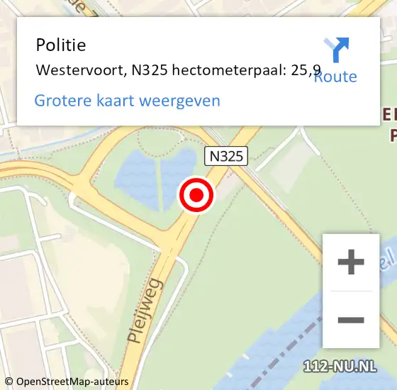 Locatie op kaart van de 112 melding: Politie Westervoort, N325 hectometerpaal: 25,9 op 5 juli 2022 16:25