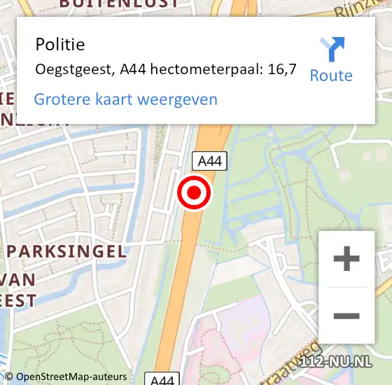 Locatie op kaart van de 112 melding: Politie Oegstgeest, A44 hectometerpaal: 16,7 op 5 juli 2022 17:18