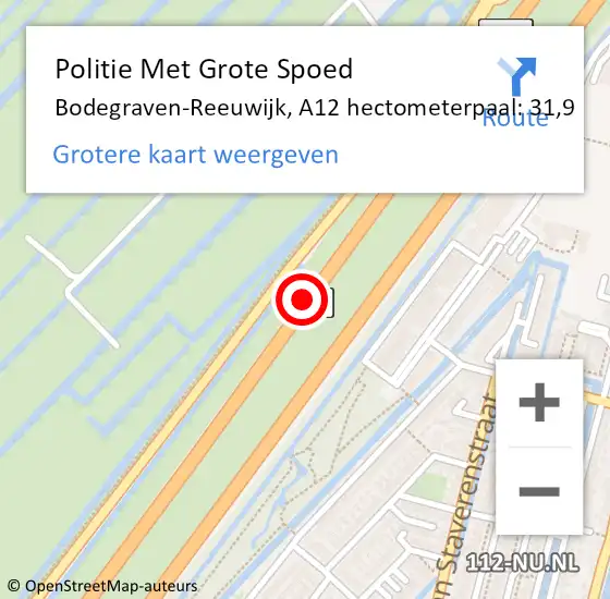 Locatie op kaart van de 112 melding: Politie Met Grote Spoed Naar Bodegraven-Reeuwijk, A12 hectometerpaal: 31,9 op 5 juli 2022 18:03