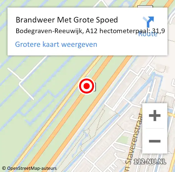 Locatie op kaart van de 112 melding: Brandweer Met Grote Spoed Naar Bodegraven-Reeuwijk, A12 hectometerpaal: 31,9 op 5 juli 2022 18:04