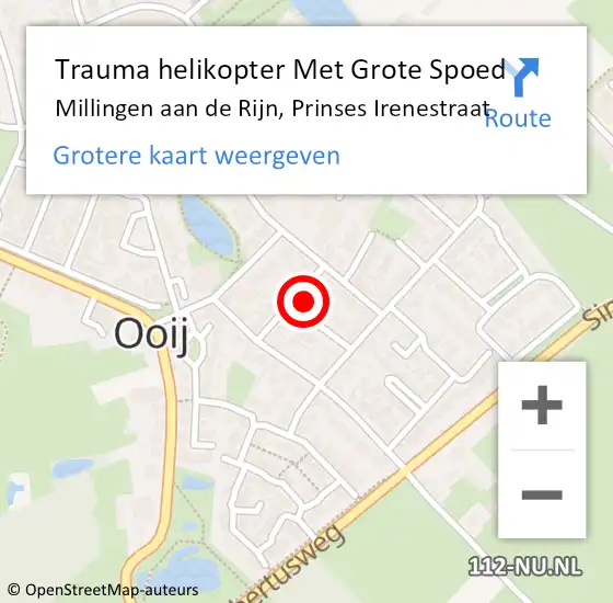 Locatie op kaart van de 112 melding: Trauma helikopter Met Grote Spoed Naar Millingen aan de Rijn, Prinses Irenestraat op 5 juli 2022 18:14