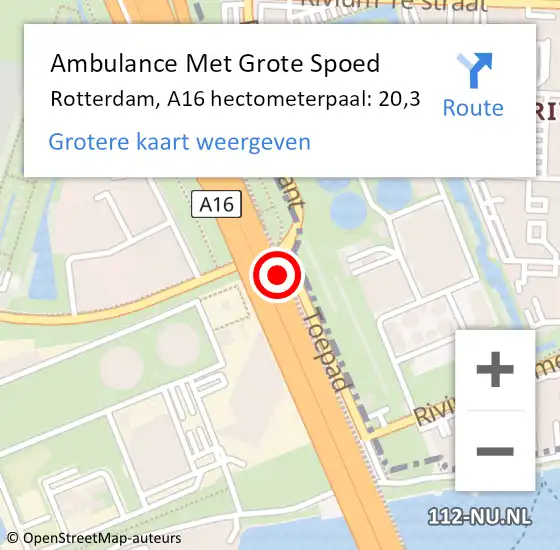 Locatie op kaart van de 112 melding: Ambulance Met Grote Spoed Naar Rotterdam, A16 hectometerpaal: 20,3 op 5 juli 2022 18:27