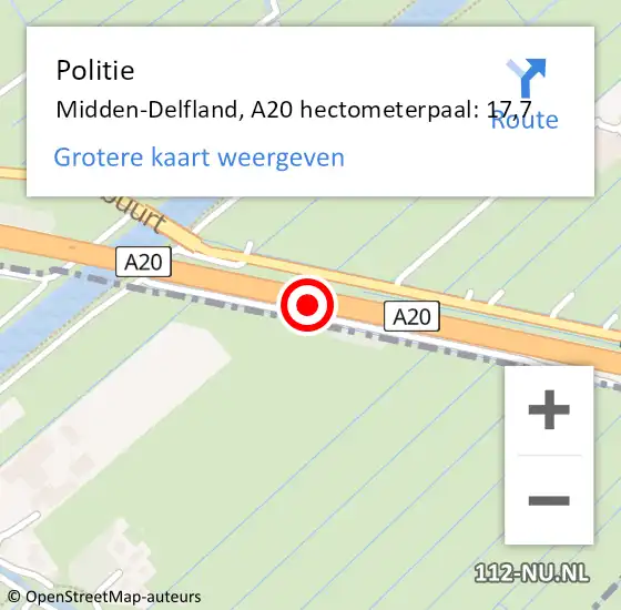 Locatie op kaart van de 112 melding: Politie Midden-Delfland, A20 hectometerpaal: 17,7 op 5 juli 2022 19:30