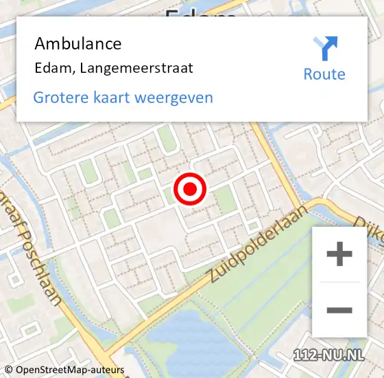 Locatie op kaart van de 112 melding: Ambulance Edam, Langemeerstraat op 5 juli 2022 19:35