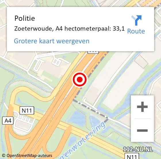 Locatie op kaart van de 112 melding: Politie Zoeterwoude, A4 hectometerpaal: 33,1 op 5 juli 2022 20:22