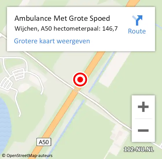 Locatie op kaart van de 112 melding: Ambulance Met Grote Spoed Naar Wijchen, A50 hectometerpaal: 146,7 op 5 juli 2022 20:39