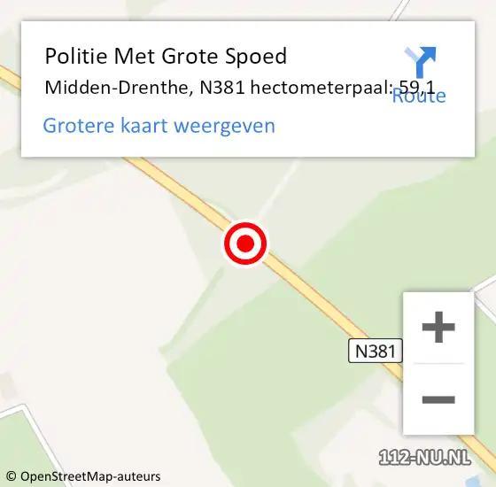 Locatie op kaart van de 112 melding: Politie Met Grote Spoed Naar Midden-Drenthe, N381 hectometerpaal: 59,1 op 5 juli 2022 22:41