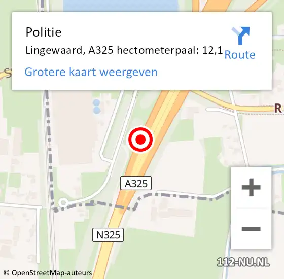 Locatie op kaart van de 112 melding: Politie Lingewaard, A325 hectometerpaal: 12,1 op 6 juli 2022 06:43