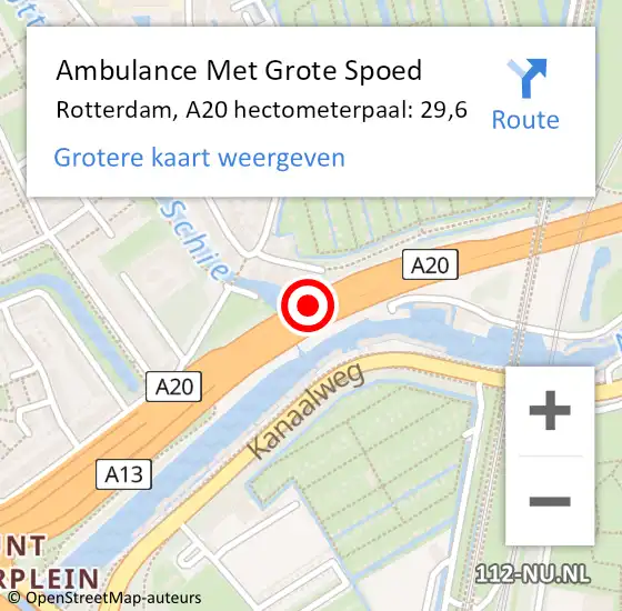 Locatie op kaart van de 112 melding: Ambulance Met Grote Spoed Naar Rotterdam, A20 hectometerpaal: 29,6 op 6 juli 2022 07:03