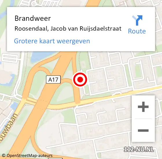 Locatie op kaart van de 112 melding: Brandweer Roosendaal, Jacob van Ruijsdaelstraat op 6 juli 2022 07:30
