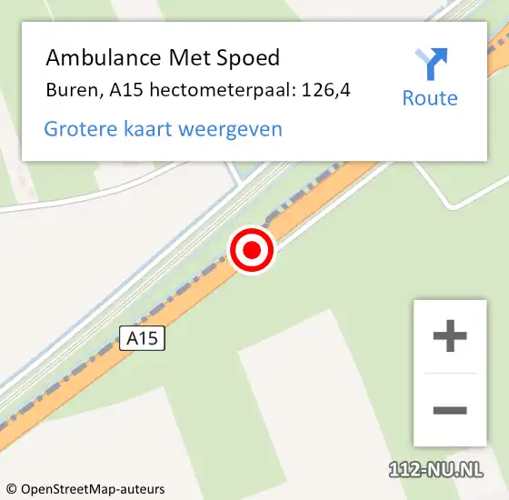 Locatie op kaart van de 112 melding: Ambulance Met Spoed Naar Buren, A15 hectometerpaal: 126,4 op 6 juli 2022 07:38