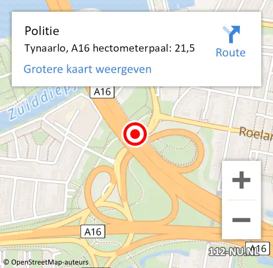 Locatie op kaart van de 112 melding: Politie Tynaarlo, A16 hectometerpaal: 21,5 op 6 juli 2022 10:20