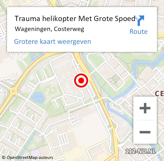 Locatie op kaart van de 112 melding: Trauma helikopter Met Grote Spoed Naar Wageningen, Costerweg op 6 juli 2022 10:50