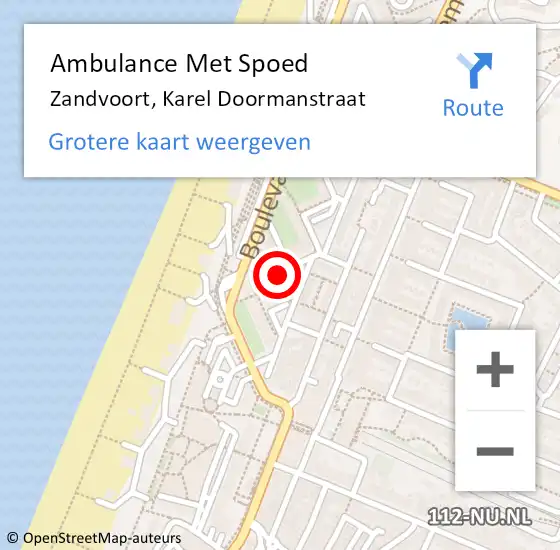 Locatie op kaart van de 112 melding: Ambulance Met Spoed Naar Zandvoort, Karel Doormanstraat op 6 juli 2022 11:23