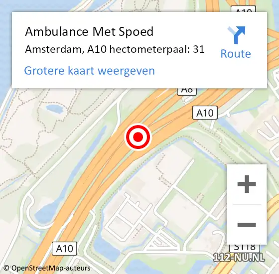 Locatie op kaart van de 112 melding: Ambulance Met Spoed Naar Amsterdam, A10 hectometerpaal: 31 op 6 juli 2022 12:21