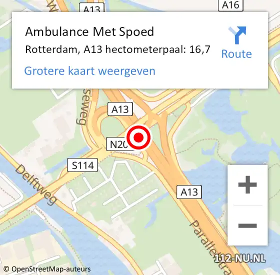 Locatie op kaart van de 112 melding: Ambulance Met Spoed Naar Rotterdam, A13 hectometerpaal: 16,7 op 6 juli 2022 13:41