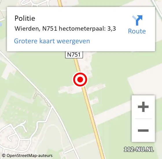 Locatie op kaart van de 112 melding: Politie Wierden, N751 hectometerpaal: 3,3 op 6 juli 2022 15:45