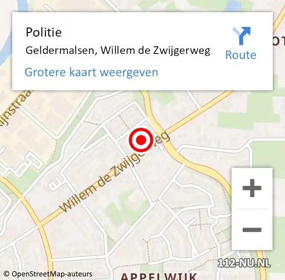 Locatie op kaart van de 112 melding: Politie Geldermalsen, Willem de Zwijgerweg op 6 juli 2022 16:36