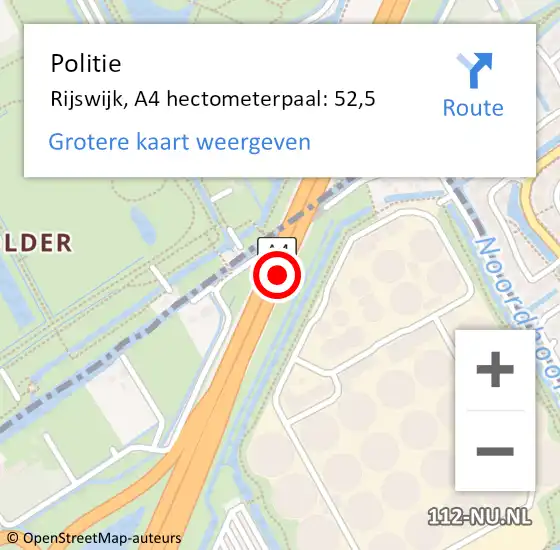 Locatie op kaart van de 112 melding: Politie Rijswijk, A4 hectometerpaal: 52,5 op 6 juli 2022 20:55