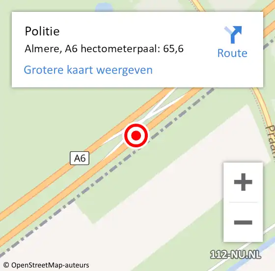 Locatie op kaart van de 112 melding: Politie Almere, A6 hectometerpaal: 65,6 op 6 juli 2022 21:09