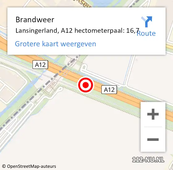 Locatie op kaart van de 112 melding: Brandweer Lansingerland, A12 hectometerpaal: 16,7 op 6 juli 2022 21:17