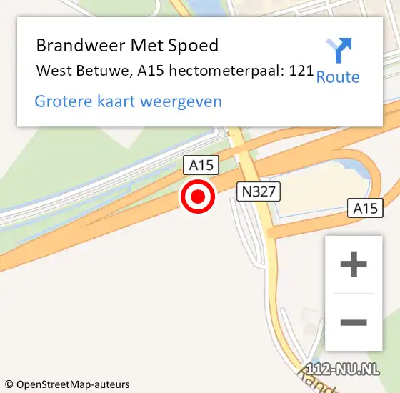 Locatie op kaart van de 112 melding: Brandweer Met Spoed Naar West Betuwe, A15 hectometerpaal: 121 op 6 juli 2022 21:39