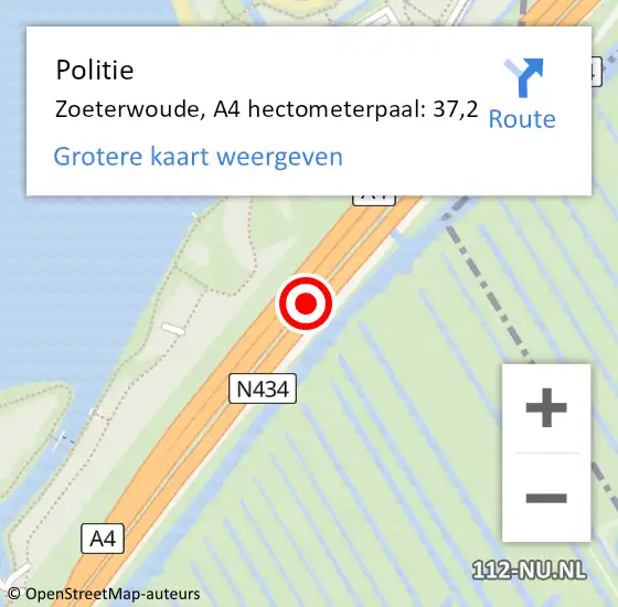 Locatie op kaart van de 112 melding: Politie Zoeterwoude, A4 hectometerpaal: 37,2 op 6 juli 2022 22:52