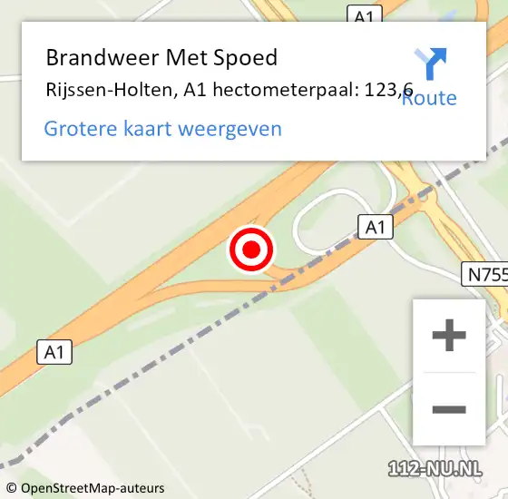 Locatie op kaart van de 112 melding: Brandweer Met Spoed Naar Rijssen-Holten, A1 hectometerpaal: 123,6 op 6 juli 2022 22:54