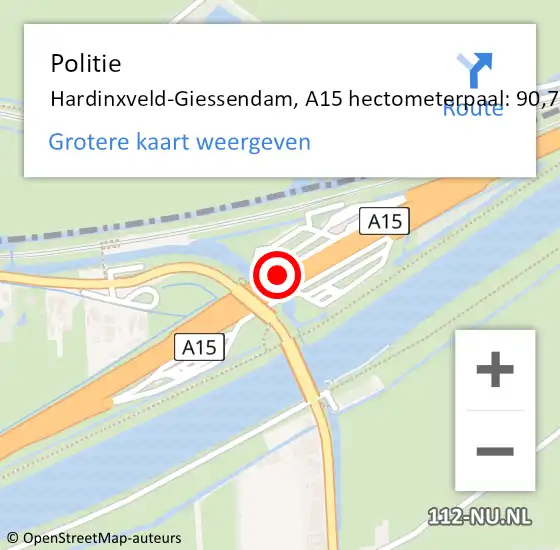 Locatie op kaart van de 112 melding: Politie Hardinxveld-Giessendam, A15 hectometerpaal: 90,7 op 7 juli 2022 03:38