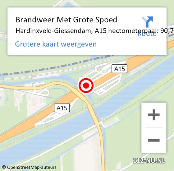 Locatie op kaart van de 112 melding: Brandweer Met Grote Spoed Naar Hardinxveld-Giessendam, A15 hectometerpaal: 90,7 op 7 juli 2022 03:38