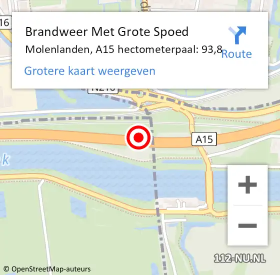 Locatie op kaart van de 112 melding: Brandweer Met Grote Spoed Naar Molenlanden, A15 hectometerpaal: 93,8 op 7 juli 2022 05:54