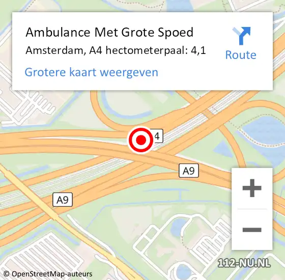 Locatie op kaart van de 112 melding: Ambulance Met Grote Spoed Naar Amsterdam, A4 hectometerpaal: 4,1 op 7 juli 2022 06:24