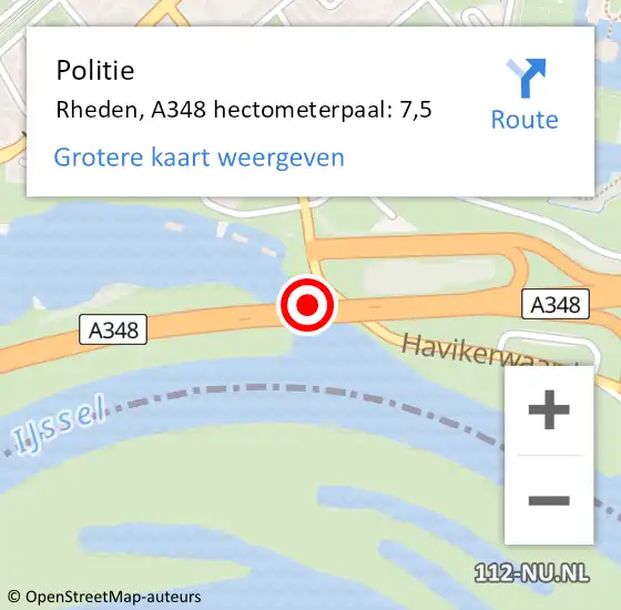 Locatie op kaart van de 112 melding: Politie Rheden, A348 hectometerpaal: 7,5 op 7 juli 2022 06:55