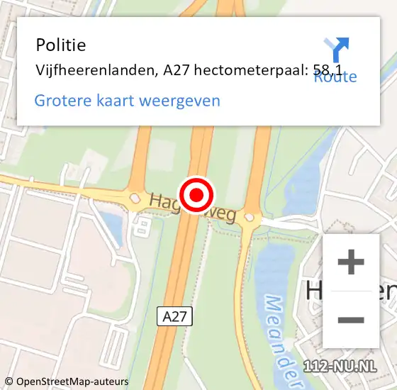 Locatie op kaart van de 112 melding: Politie Vijfheerenlanden, A27 hectometerpaal: 58,1 op 7 juli 2022 10:11