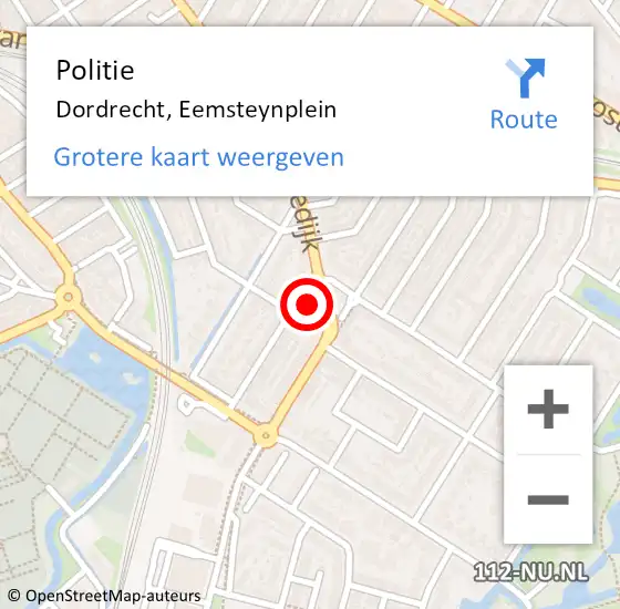 Locatie op kaart van de 112 melding: Politie Dordrecht, Eemsteynplein op 7 juli 2022 10:57