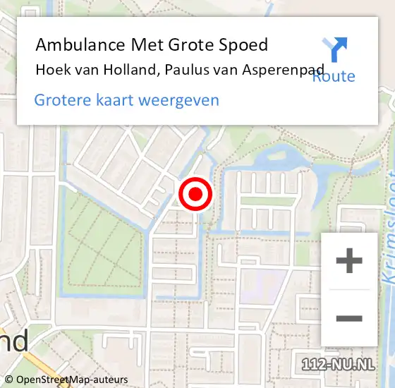 Locatie op kaart van de 112 melding: Ambulance Met Grote Spoed Naar Hoek van Holland, Paulus van Asperenpad op 7 juli 2022 11:07
