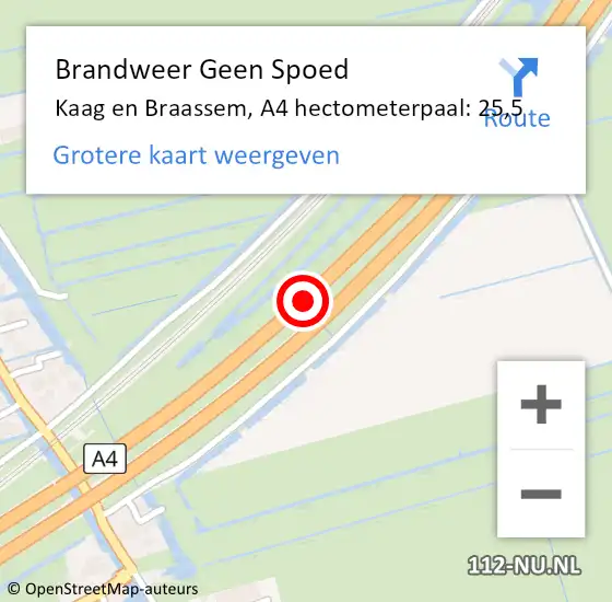 Locatie op kaart van de 112 melding: Brandweer Geen Spoed Naar Kaag en Braassem, A4 hectometerpaal: 25,5 op 7 juli 2022 12:18