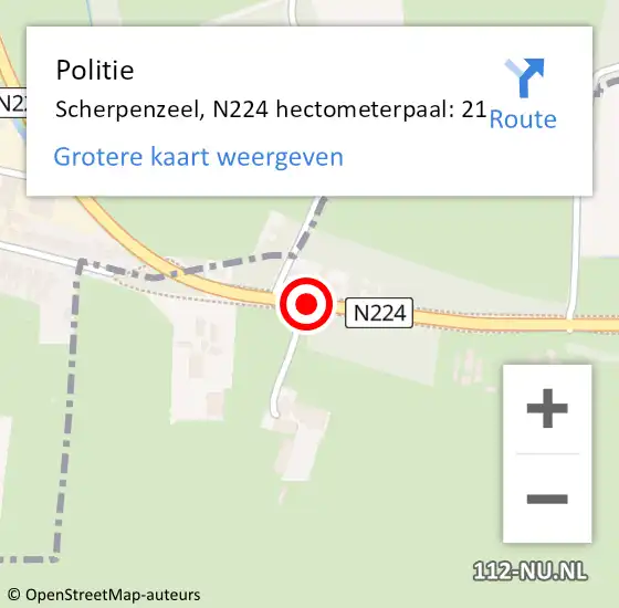 Locatie op kaart van de 112 melding: Politie Scherpenzeel, N224 hectometerpaal: 21 op 7 juli 2022 12:33