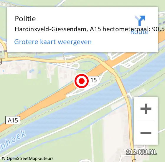 Locatie op kaart van de 112 melding: Politie Hardinxveld-Giessendam, A15 hectometerpaal: 90,5 op 7 juli 2022 12:35