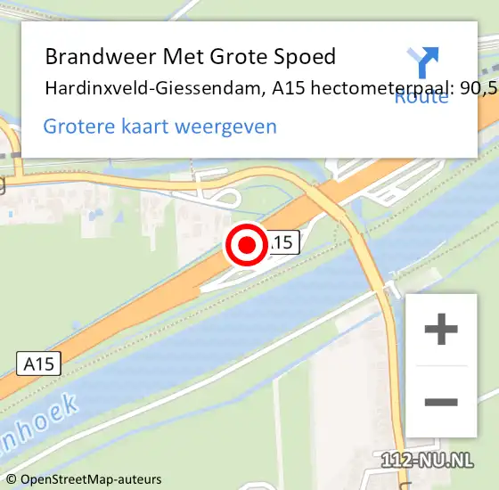 Locatie op kaart van de 112 melding: Brandweer Met Grote Spoed Naar Hardinxveld-Giessendam, A15 hectometerpaal: 90,5 op 7 juli 2022 12:36