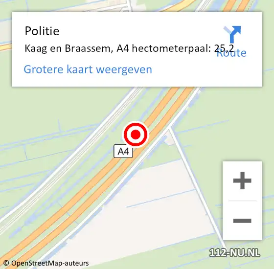 Locatie op kaart van de 112 melding: Politie Kaag en Braassem, A4 hectometerpaal: 25,2 op 7 juli 2022 13:41