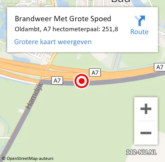 Locatie op kaart van de 112 melding: Brandweer Met Grote Spoed Naar Oldambt, A7 hectometerpaal: 251,8 op 7 juli 2022 14:40