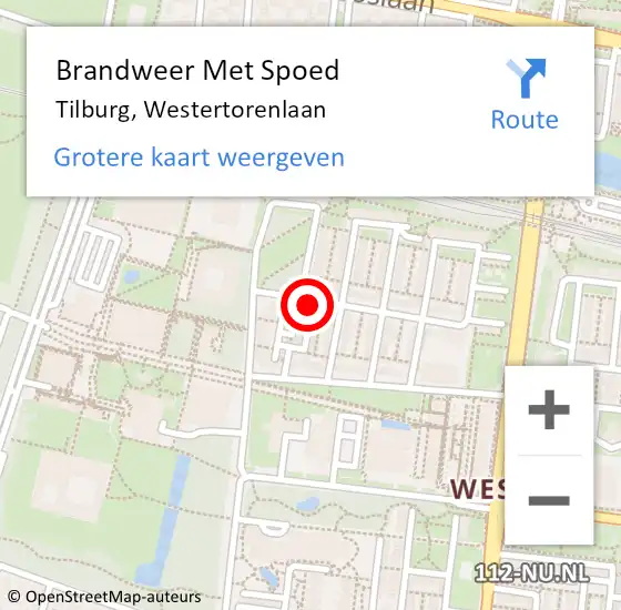 Locatie op kaart van de 112 melding: Brandweer Met Spoed Naar Tilburg, Westertorenlaan op 7 juli 2022 14:56