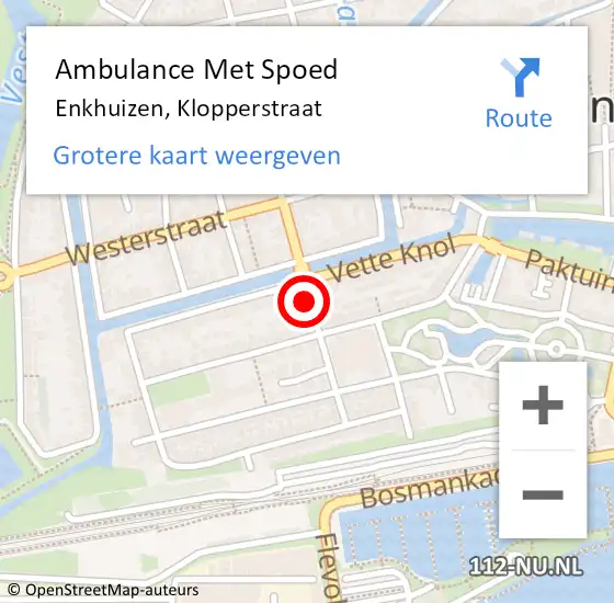 Locatie op kaart van de 112 melding: Ambulance Met Spoed Naar Enkhuizen, Klopperstraat op 7 juli 2022 15:18