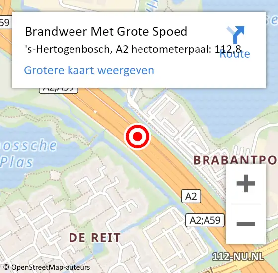 Locatie op kaart van de 112 melding: Brandweer Met Grote Spoed Naar 's-Hertogenbosch, A2 hectometerpaal: 112,8 op 7 juli 2022 16:16