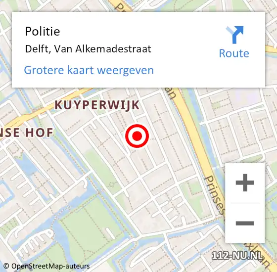 Locatie op kaart van de 112 melding: Politie Delft, Van Alkemadestraat op 7 juli 2022 16:24